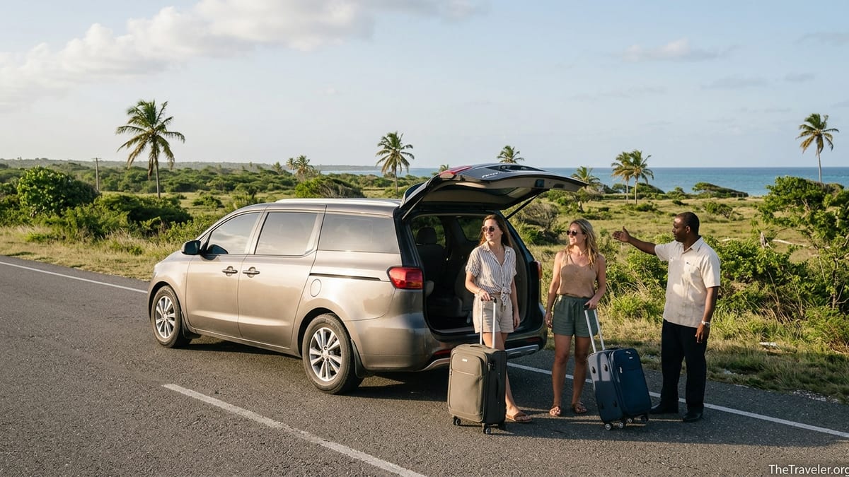 Couple with luggage meeting a private transfer van on the road between Punta Cana Airport and Bayahibe.
