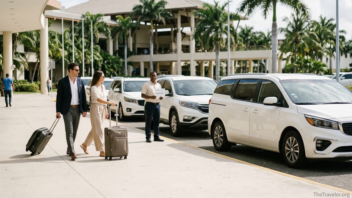 Travelers with luggage meeting a private transfer car outside Punta Cana Airport on a sunny day.