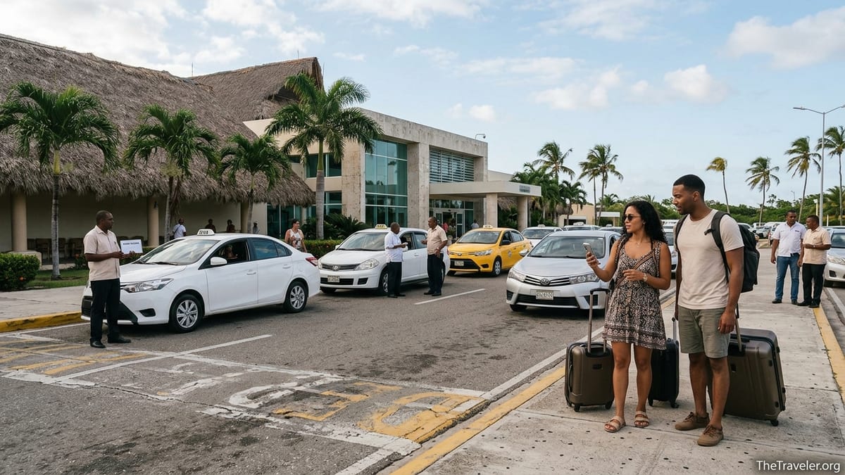 Travelers using a ride hailing app outside Punta Cana International Airport amid taxis and palm trees.