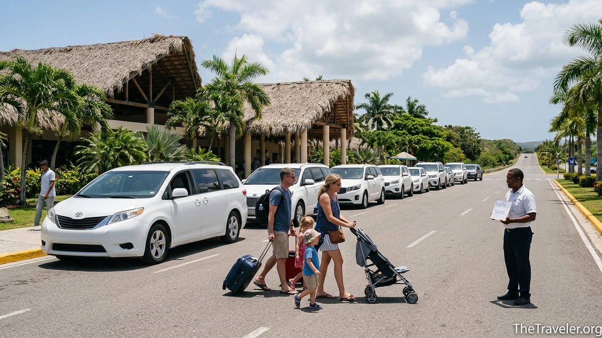 Travelers with suitcases meet a driver by minivans outside Punta Cana Airport.