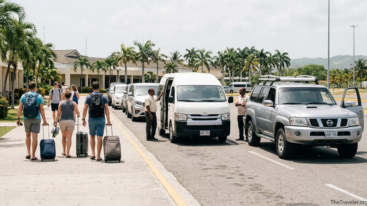 Travelers at Punta Cana Airport walking toward shuttle vans for transfers to La Romana.