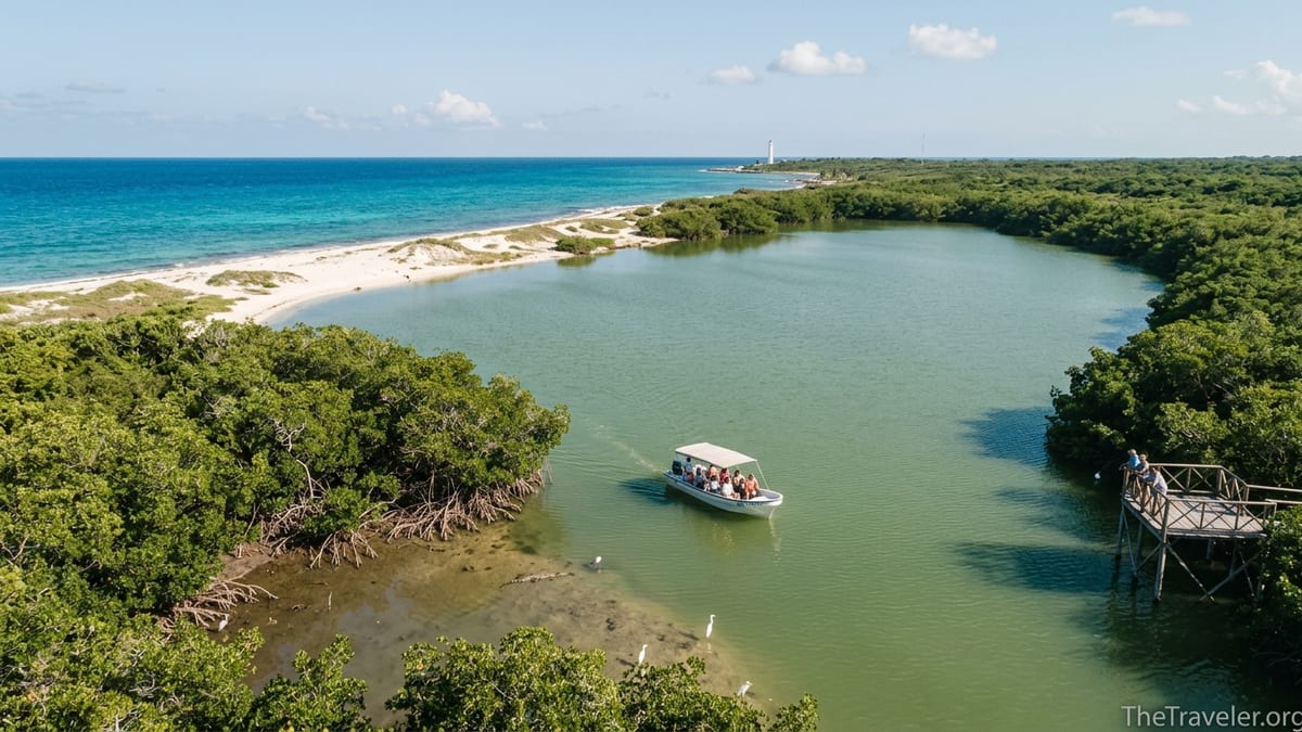 Aerial view of Colombia Lagoon and mangroves at Punta Sur Eco Beach Park in Cozumel.