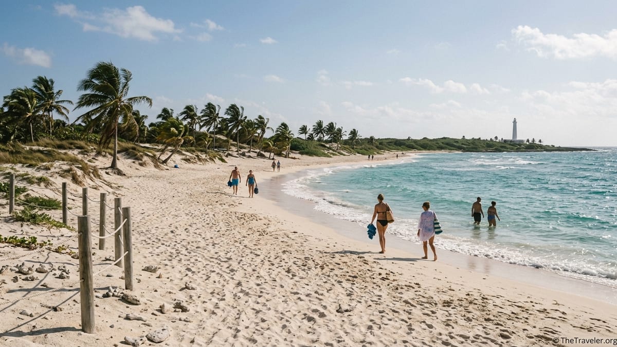 Cruise visitors walking along the sandy beach at Punta Sur Eco Beach Park in Cozumel.