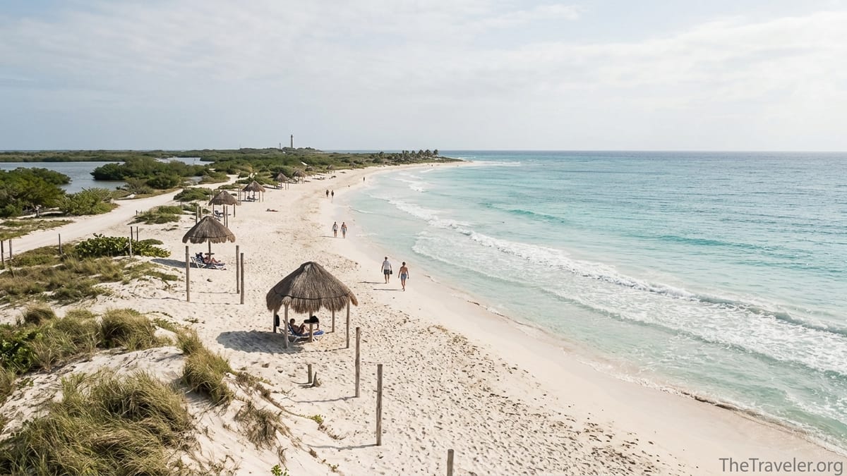 Wide sandy beach and turquoise water at Punta Sur Eco Beach Park in Cozumel with palapas and distant lighthouse.