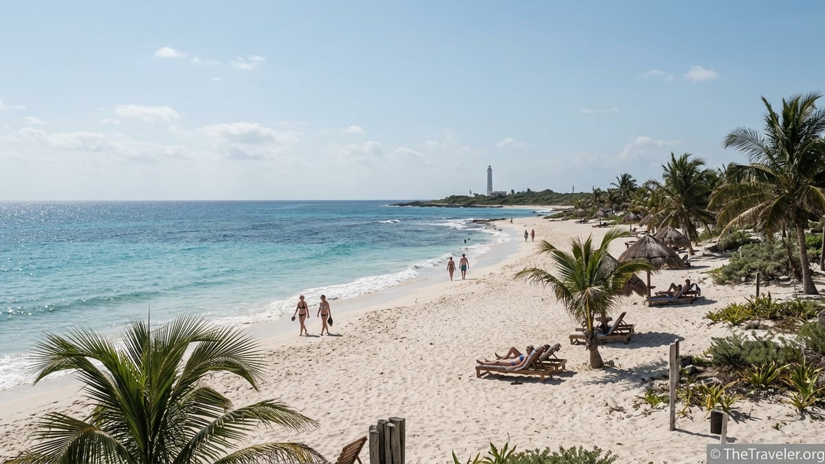 Beach at Punta Sur Eco Beach Park in Cozumel with turquoise water and distant lighthouse.