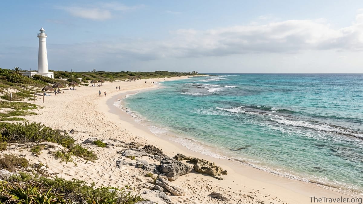 Wide view of Punta Sur Eco Beach Park in Cozumel with lighthouse, quiet beach and turquoise sea.