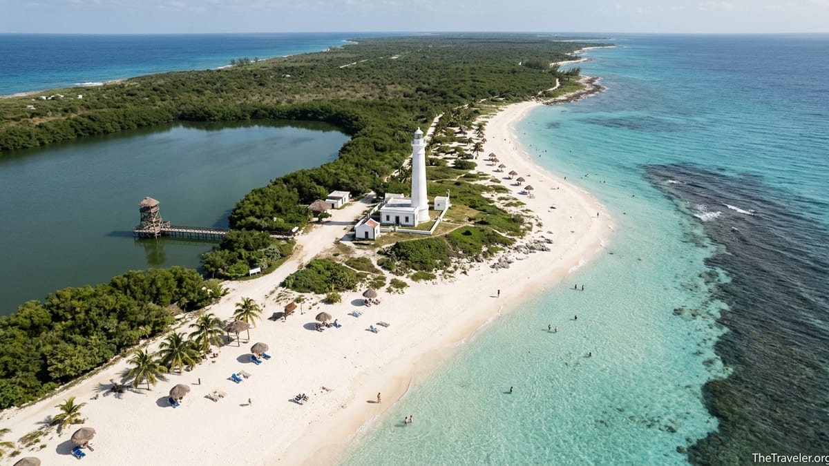Aerial view of Punta Sur Eco Beach Park with Faro Celarain, lagoon, and white-sand Caribbean beach in Cozumel.