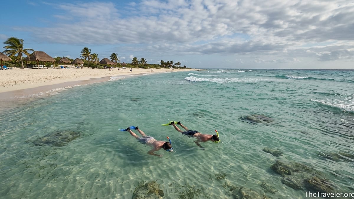 Snorkelers in shallow turquoise water off the sandy beach at Punta Sur Eco Beach Park in Cozumel.