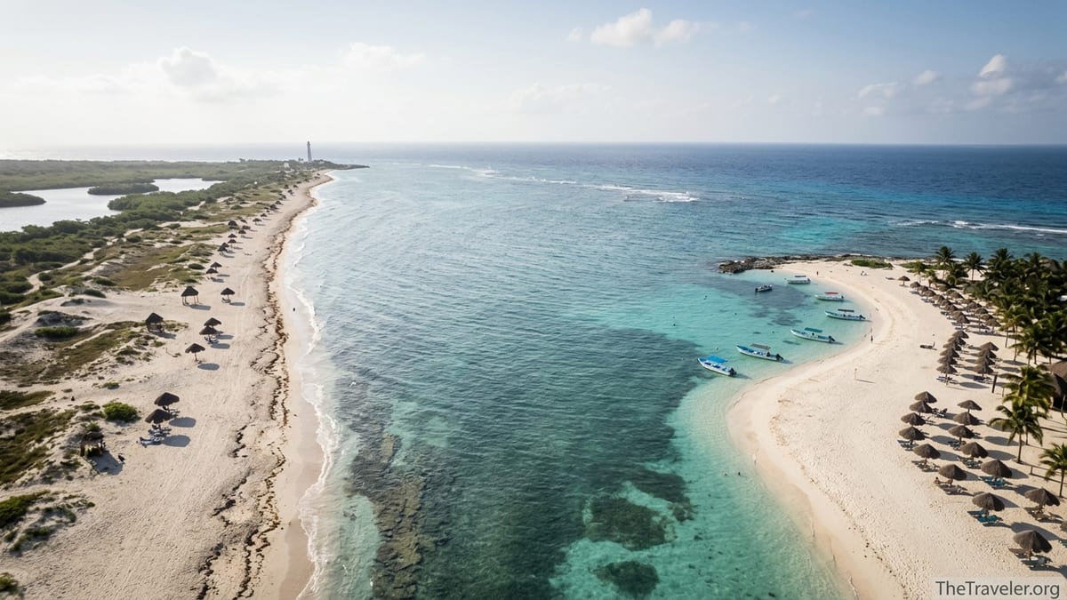 Aerial view of Punta Sur’s wild shoreline and Playa Palancar’s beach club on Cozumel’s turquoise coast.