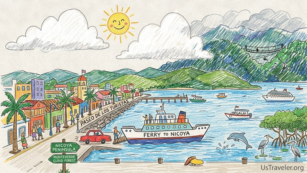 Morning view of Puntarenas waterfront with tour boats leaving into the Gulf of Nicoya.