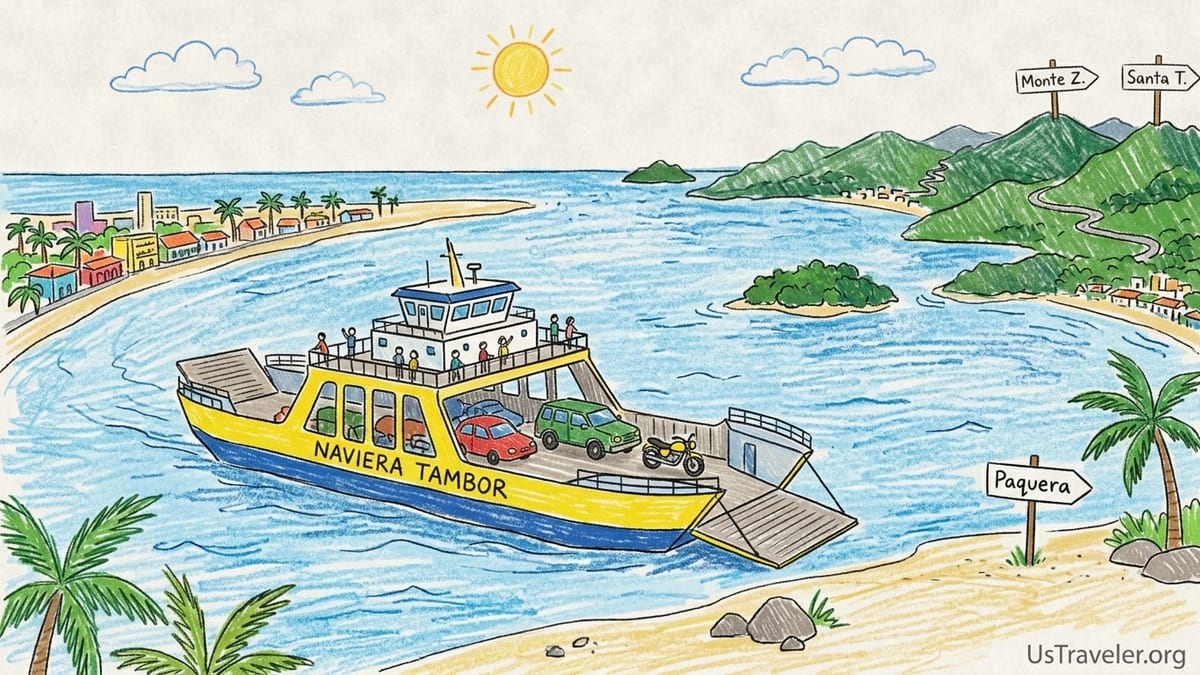 Passengers on the Puntarenas to Paquera car ferry crossing the calm Gulf of Nicoya at sunset.