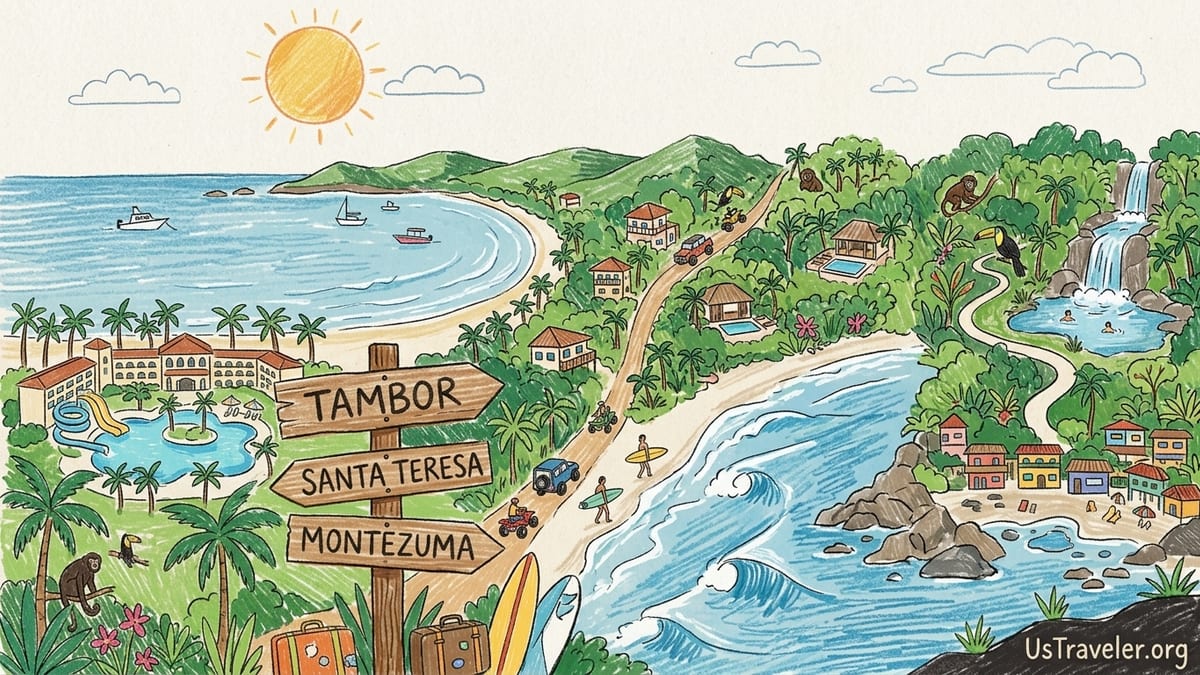Beachfront resorts and villas along a calm bay in Tambor, Costa Rica at sunrise.