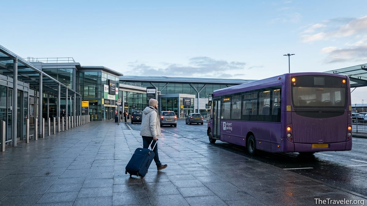 Traveller walking from a purple airport parking shuttle toward a UK airport terminal at dawn.
