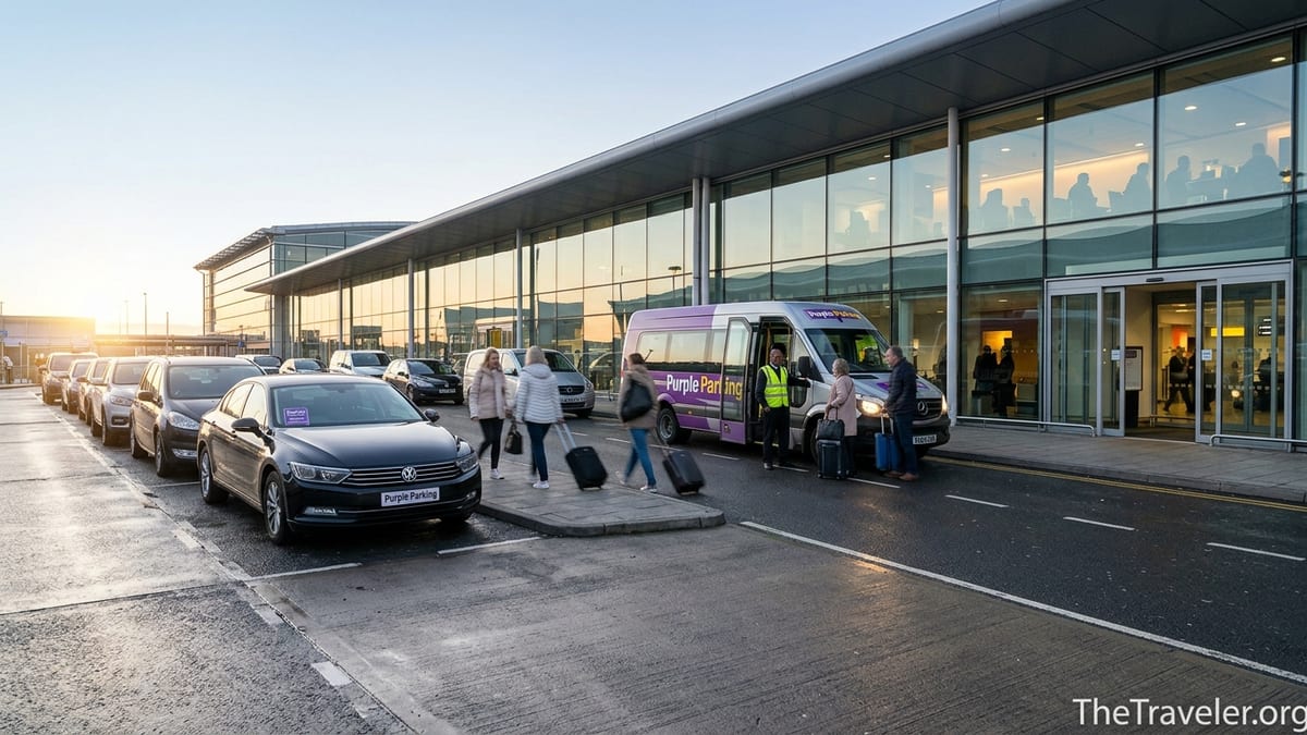 Travelers using a Purple Parking shuttle outside a UK airport terminal at dawn.
