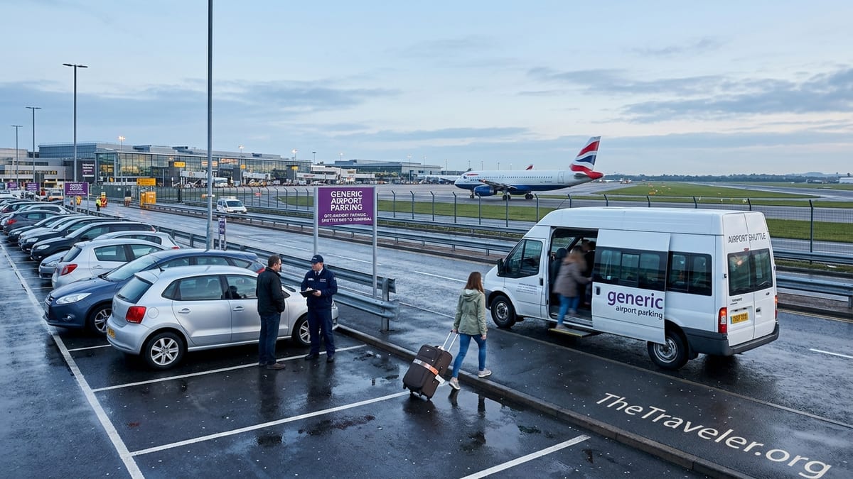 Travellers walking from an off airport car park toward a shuttle bus near a UK airport at dawn.