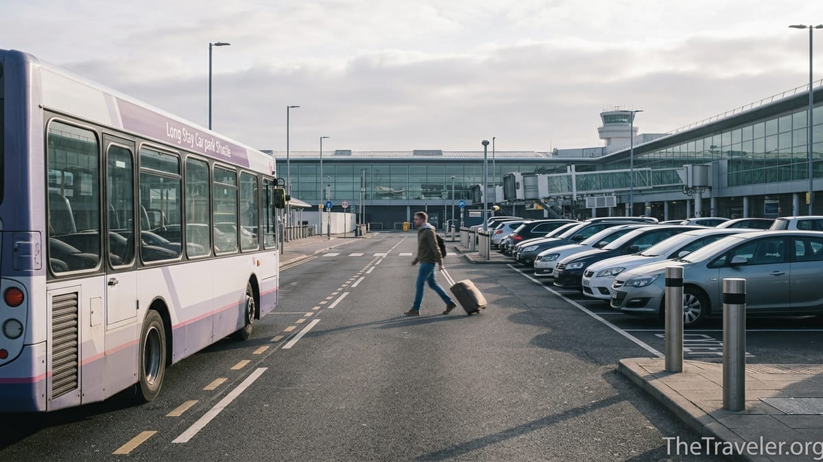Traveler walking toward an airport parking shuttle bus in a UK long-stay car park at sunrise.