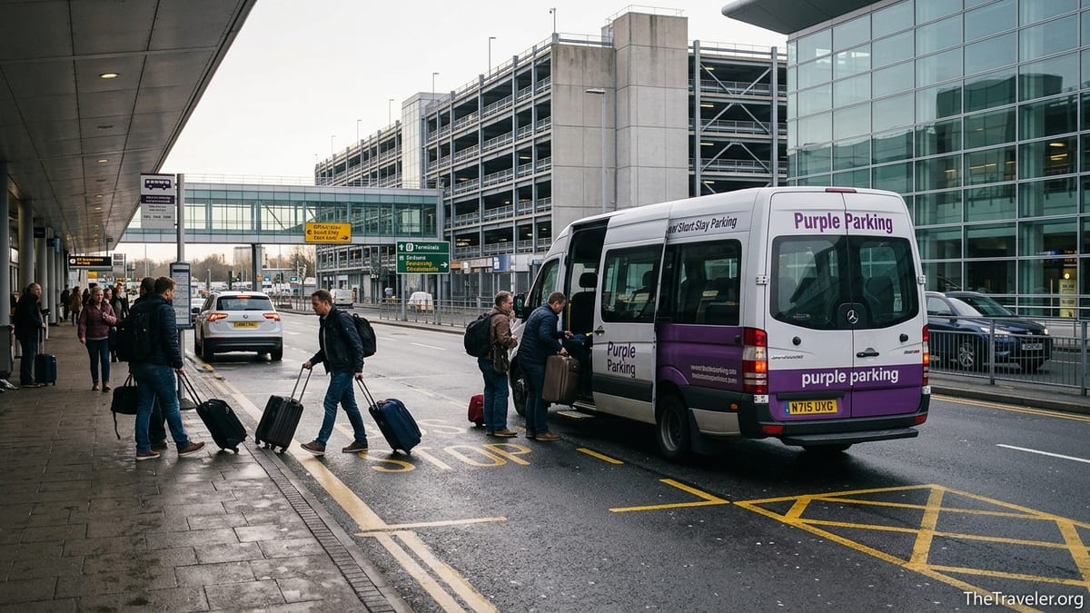 Travellers boarding a Purple Parking shuttle outside a UK airport terminal at dawn.