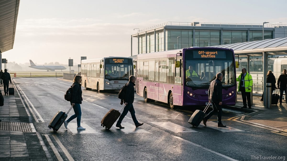 Travelers boarding purple and white airport parking shuttle buses outside a UK airport terminal at sunrise.