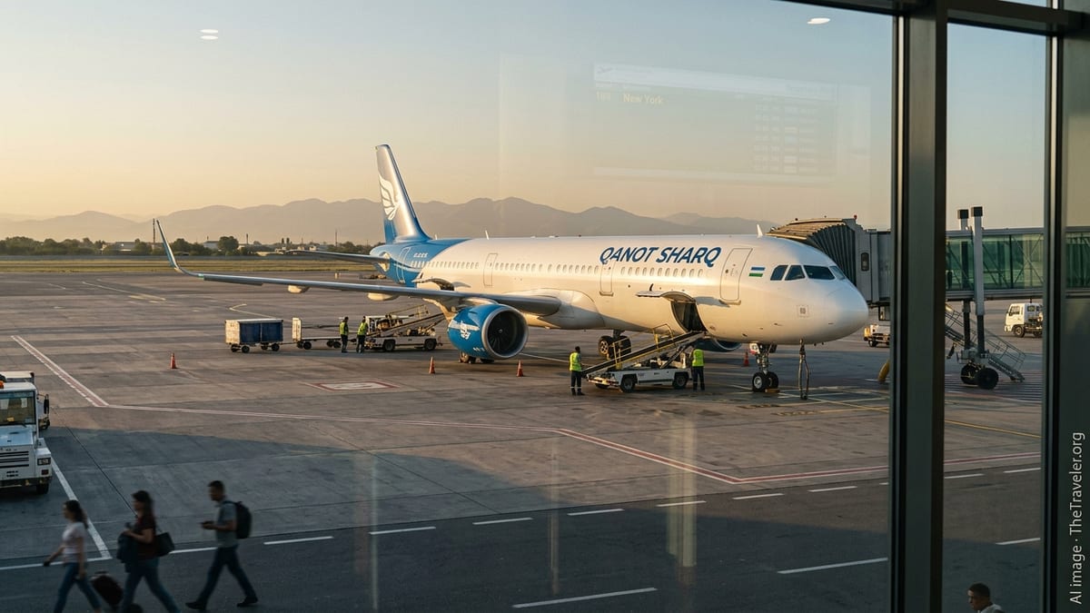 Qanot Sharq Airbus A321neo on the tarmac at Tashkent Airport during sunset.
