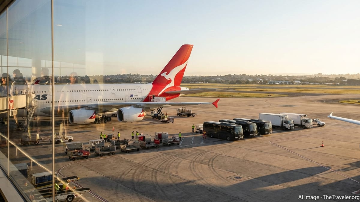 Qantas A380 on the tarmac in Sydney surrounded by ground crews and tour buses at sunrise.