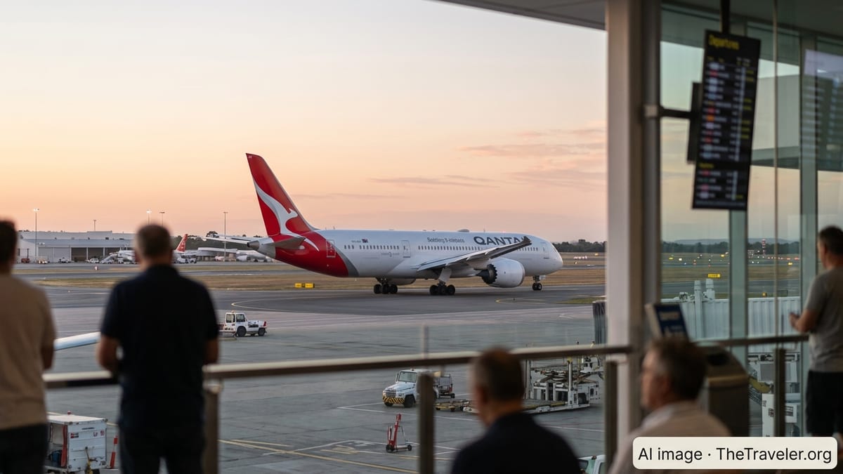 Qantas wide-body jet departing Perth Airport at sunset with terminal in background.