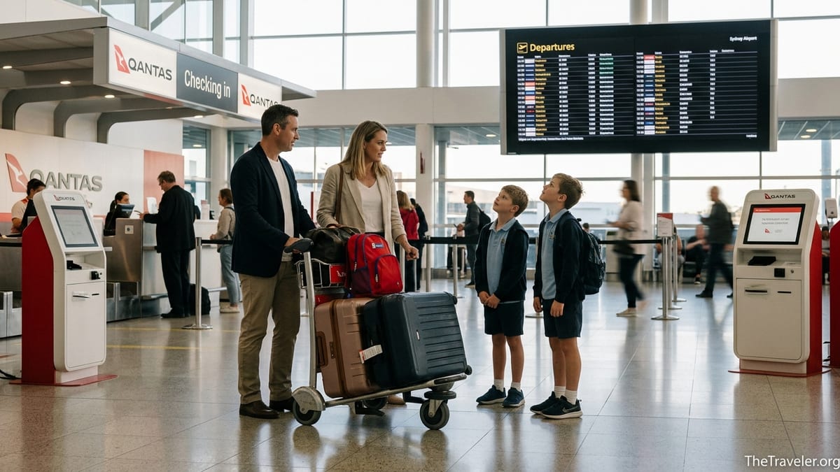 Family checking in at a Qantas counter in Sydney Airport before an overseas trip