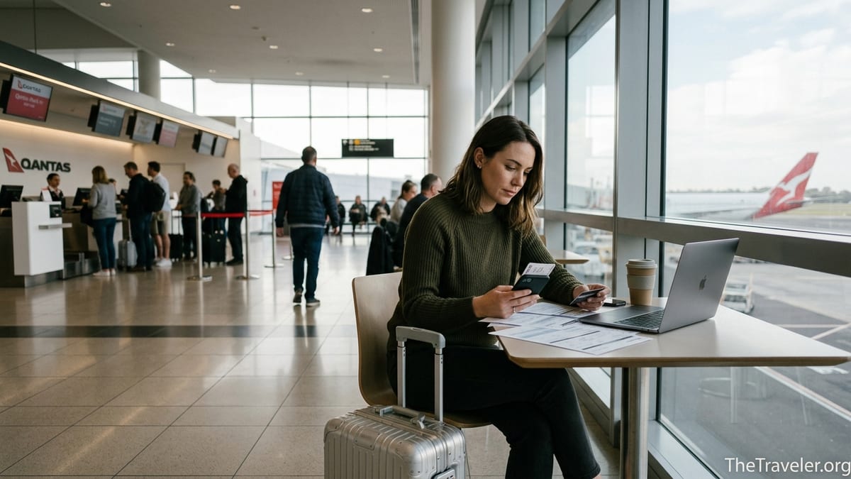 Traveller at an airport window reviewing credit card details beside a Qantas plane.