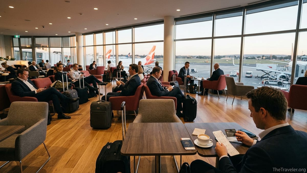 Traveler in a Qantas lounge reviewing a Qantas Premier Platinum card before a flight.