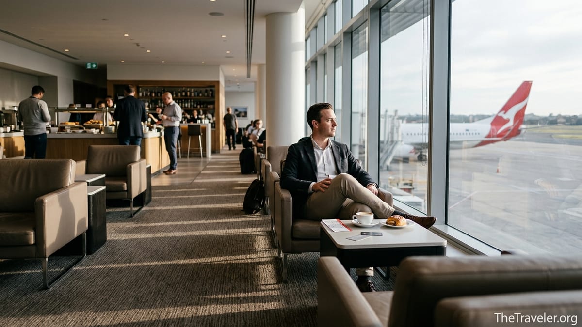 Traveller in a Qantas lounge holding a credit card with a Qantas aircraft visible outside the window.