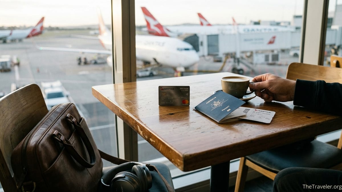 Qantas Premier Platinum card with passport and coffee by a window overlooking Qantas planes at Sydney Airport.