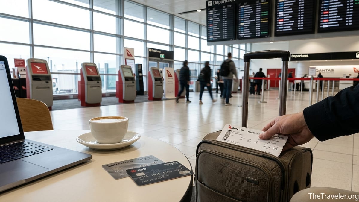 Traveller at Sydney Airport choosing between Qantas Premier Platinum and NAB Qantas Signature cards before a Qantas flight.