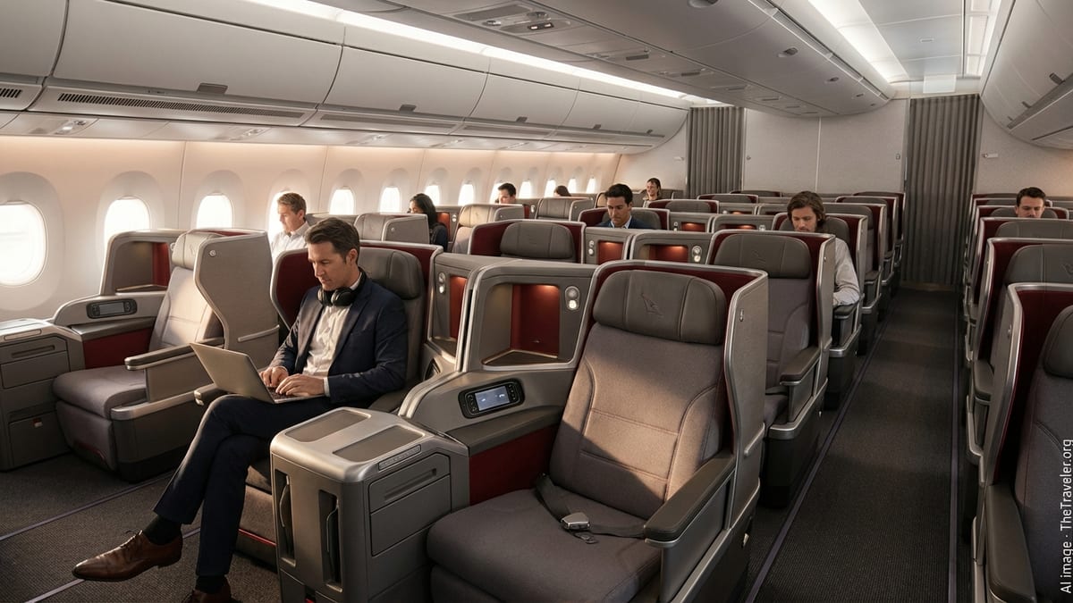 Qantas long-haul business class cabin with spacious lie-flat suites and travelers working quietly in soft afternoon light.