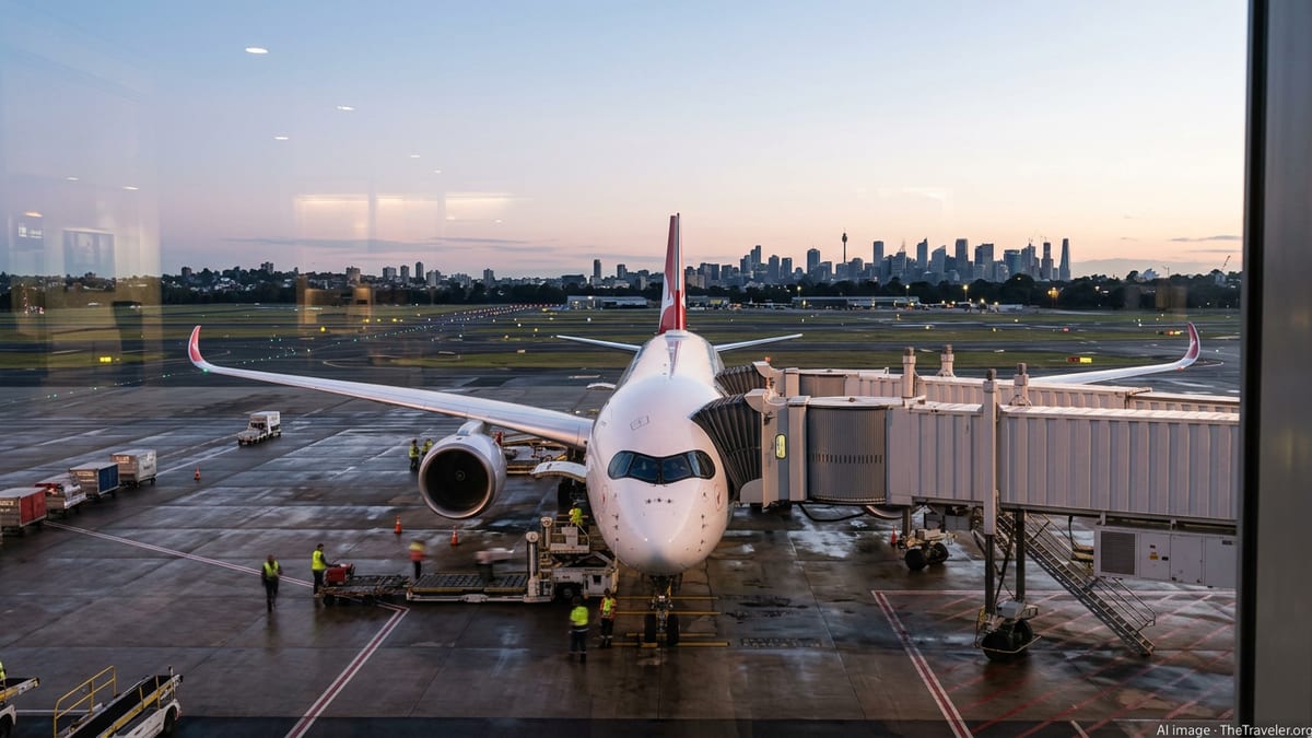 Qantas Airbus A350 at a Sydney gate before sunrise, prepared for an ultra long-haul flight.