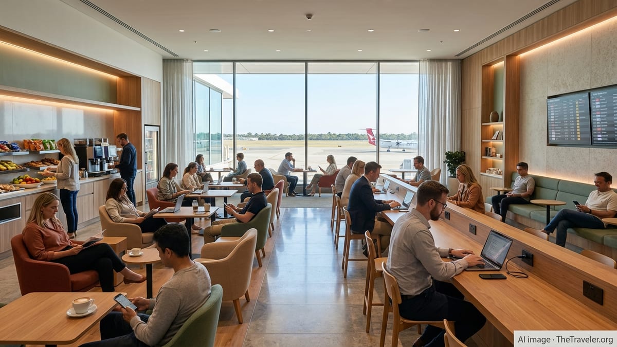 Modern Qantas regional airport lounge with natural light, varied seating and travellers working and relaxing before flights.