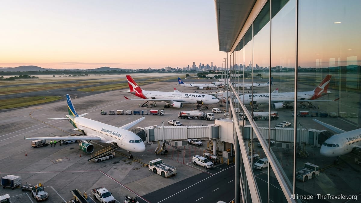 Qantas and Solomon Airlines aircraft side by side at Brisbane Airport at sunrise.