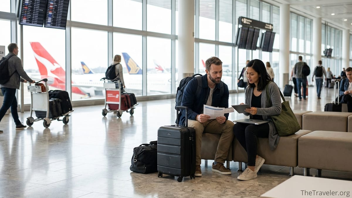 Travelers reviewing insurance documents in a bright international airport terminal with Qantas planes outside.