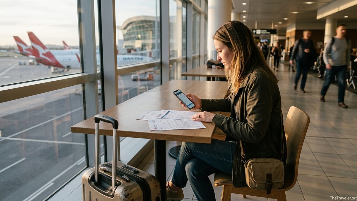 Traveller in a Qantas airport lounge comparing travel insurance documents before a flight.