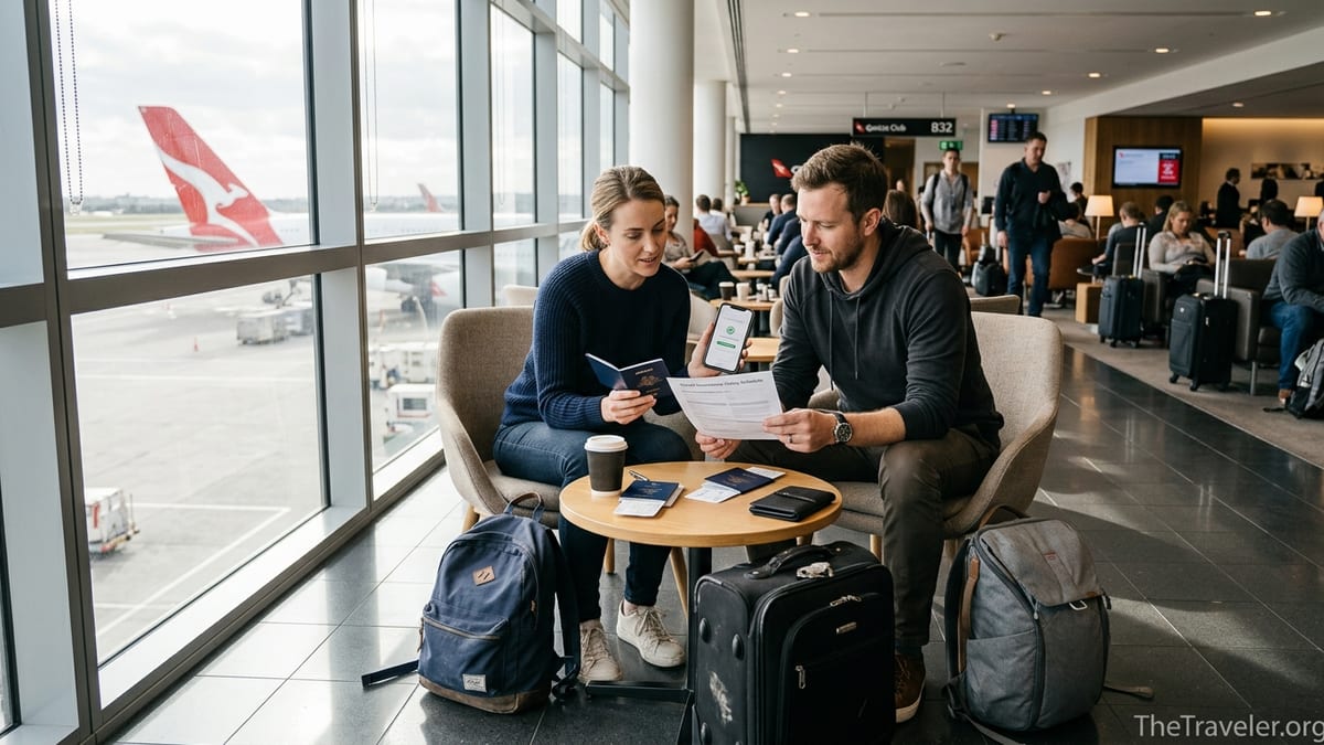Travellers review Qantas travel insurance documents in a Sydney Airport departure lounge.