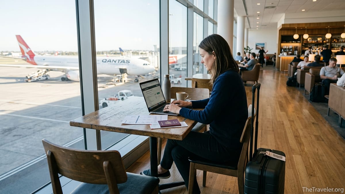 Travellers at a Qantas gate reviewing travel insurance documents before a flight.