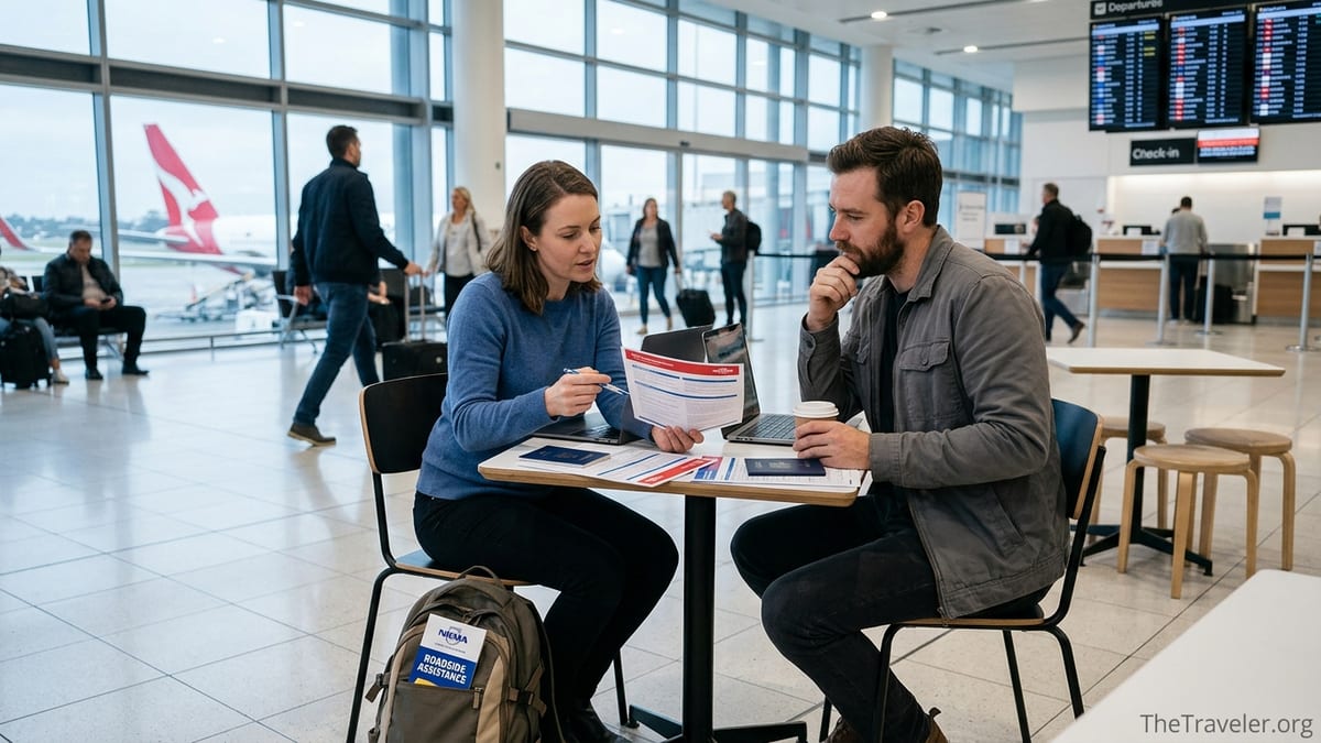 Travellers at Sydney Airport comparing travel insurance documents with a Qantas plane visible outside.