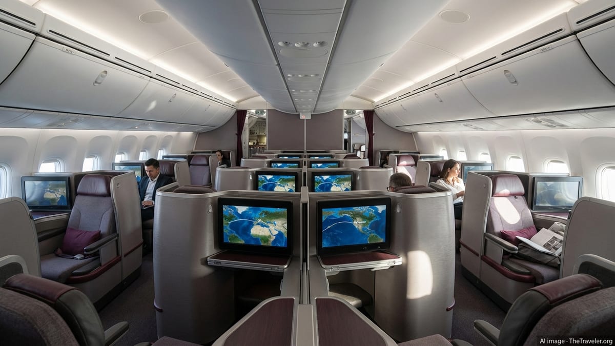 Modern business class suites with sliding doors on a Qatar Airways widebody jet in daylight.