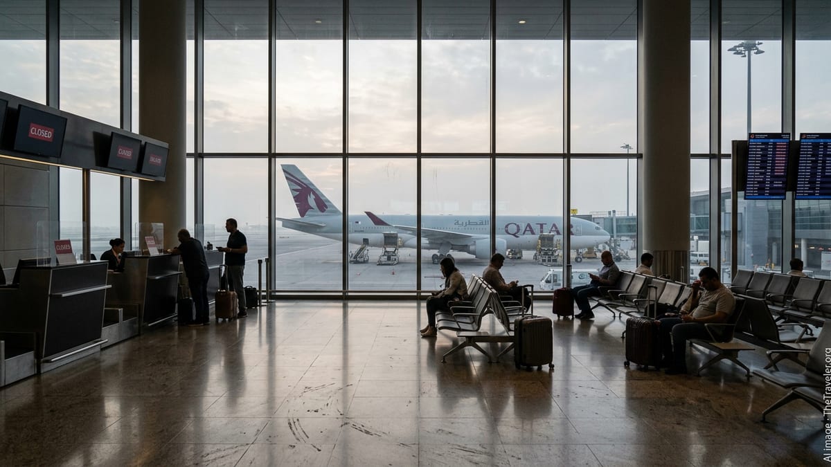 Quiet Hamad International Airport terminal with a Qatar Airways jet idle at the gate and few stranded passengers waiting.