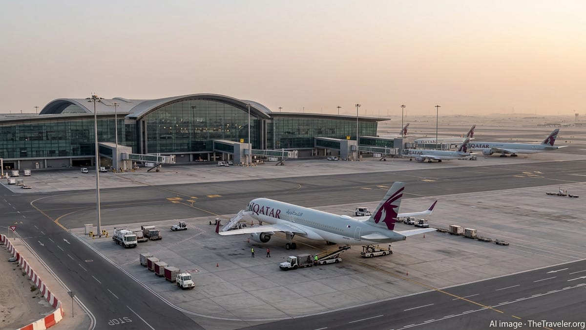Qatar Airways aircraft at a quiet Hamad International Airport during limited emergency operations.