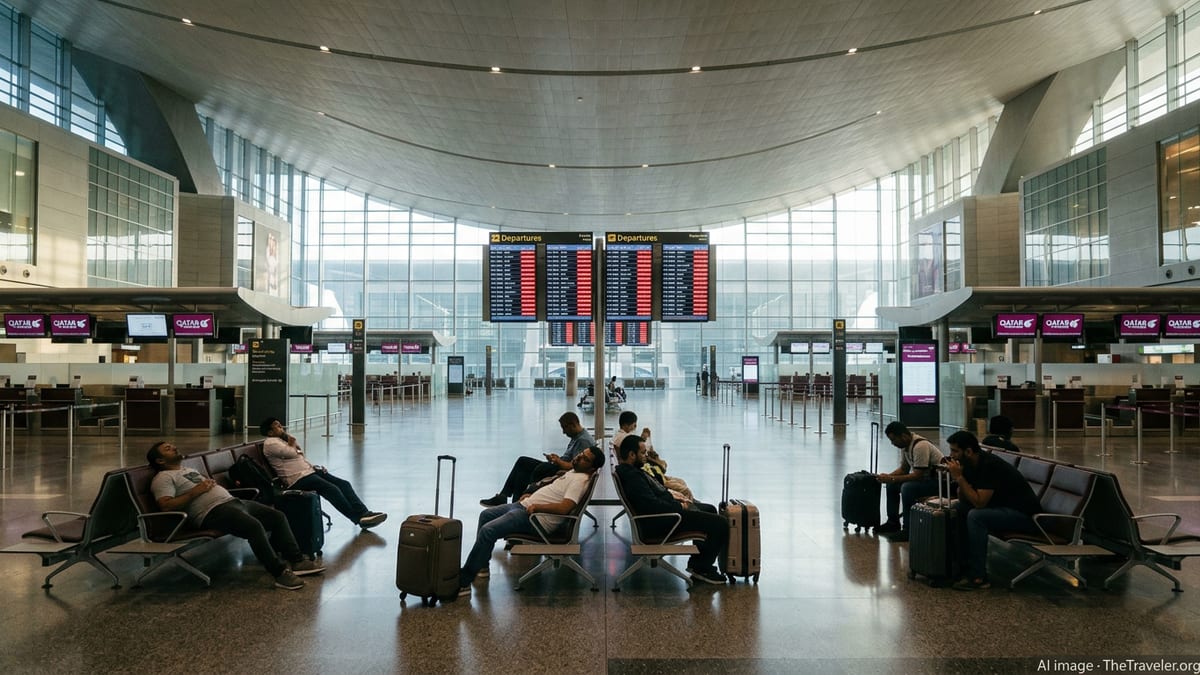Quiet Doha airport departures hall with Qatar Airways counters and cancelled flights on screens.