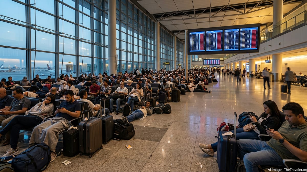 Crowded Gulf airport terminal with stranded Qatar Airways passengers under boards showing canceled flights.
