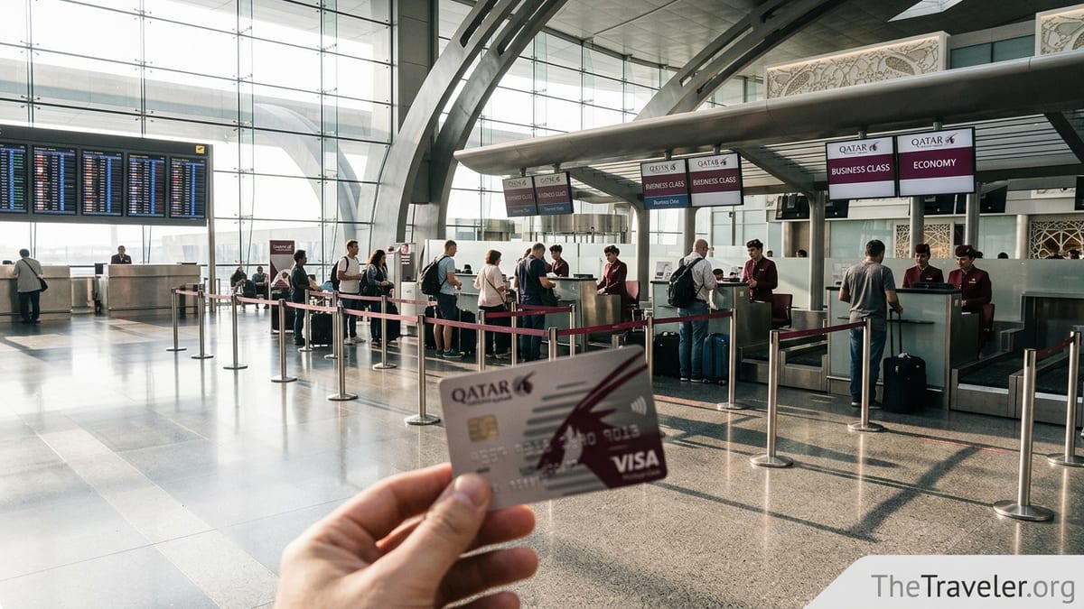 Traveler holding a Qatar Airways Visa at Doha airport check in area with passengers queuing.