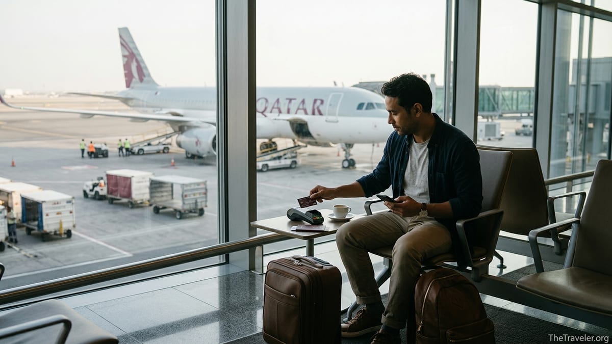 Traveler in Doha airport lounge paying with a Qatar Airways Privilege Club Visa while a Qatar Airways jet sits at the gate.