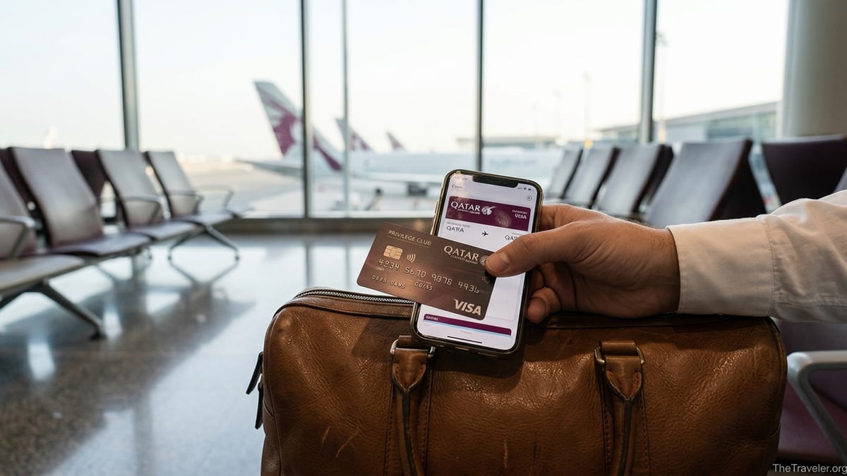 Traveler holding a Qatar Airways Privilege Club Visa card at Doha airport with a plane visible outside.
