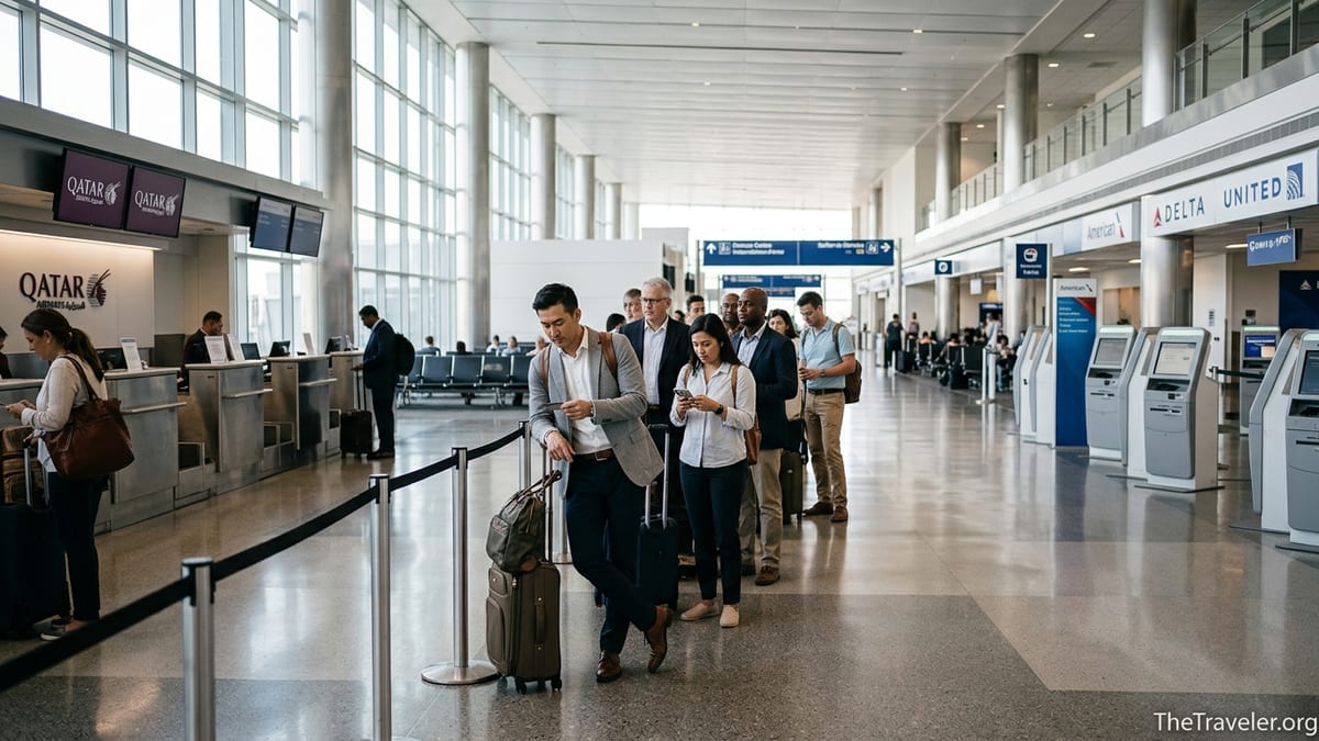 Travelers at a Qatar Airways check-in area in a busy airport comparing credit cards.