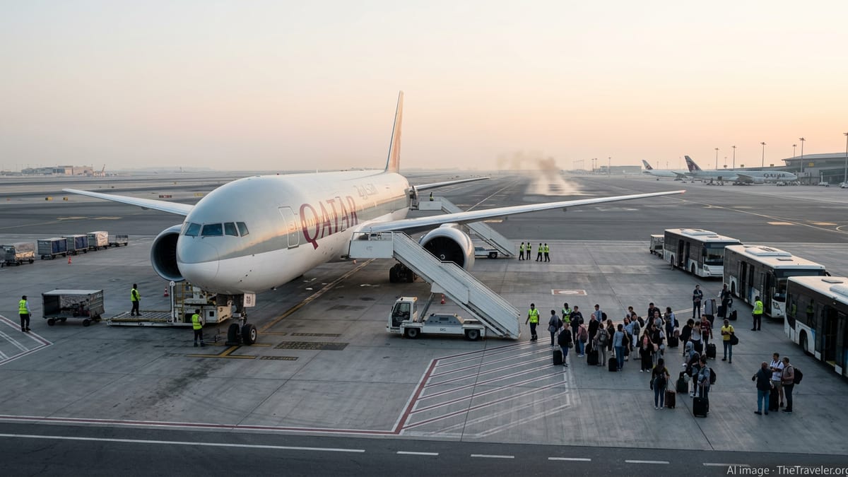 Qatar Airways jet on the Doha tarmac at dawn as passengers board repatriation buses.